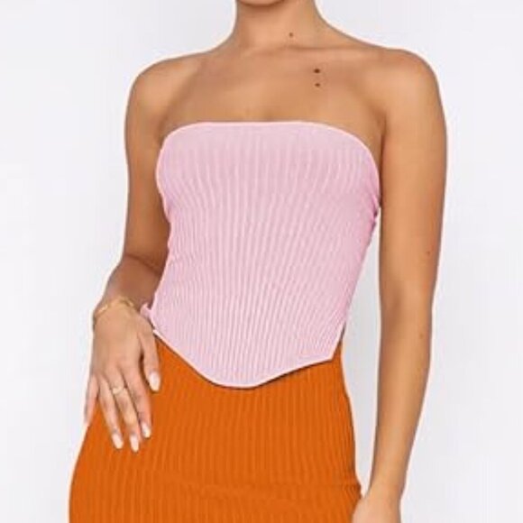 Pink Bandeau Ribbed Crop Top - Picture 3 of 6